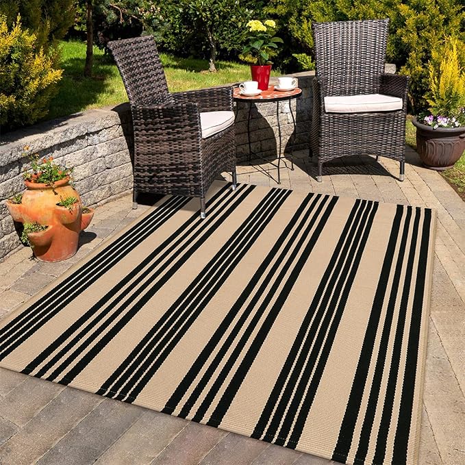 KIMODE Indoor Outdoor Rug 4'x6',Washable Reversible Black and Khaki Striped Rug,Cotton Hand Woven Patio Rug Floor Carpet, Farmhouse Decor Porch Rug for Outdoor Backyard Living Room