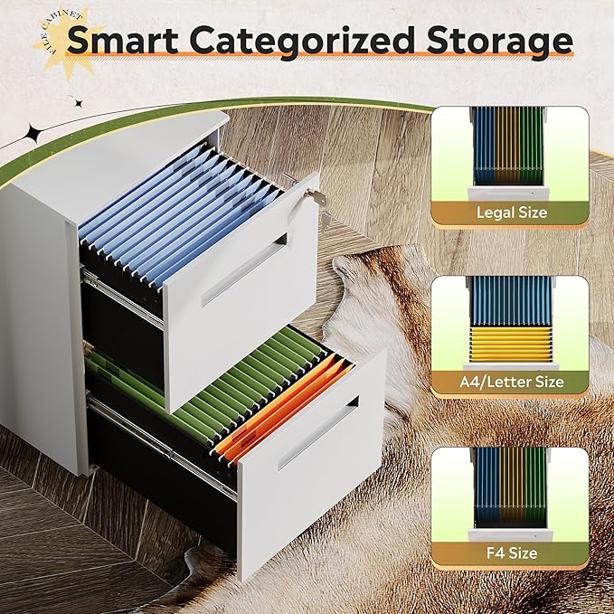DEVAISE 2-Drawer Metal File Cabinet with Lock, Mobile Filing Cabinet Under Desk for Home Office, Fully Assembled Printer Stand fits F4/A4/Letter/Legal Size, White, 20" D x 15" W x 27" H