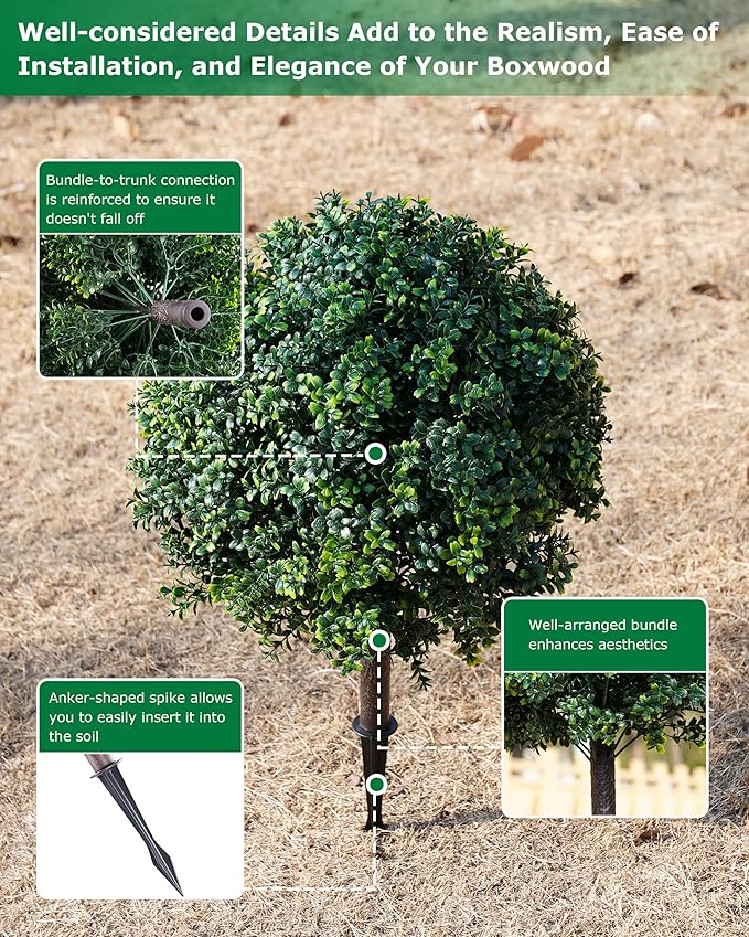 27.7 inch Artificial Boxwood Christmas Trees, Faux Boxwood Topiary with Spikes, Weatherproof UV Resistant Fake Shrubs Plants for Outdoor Front Porch Planters, Christmas Porch Balls Decor, 2 Sets