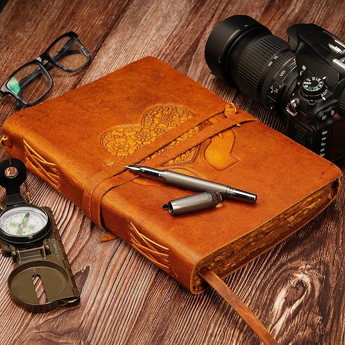 LUXEORIA Heart Journal for Women and Men, Handcrafted Leather Journal for Writing Womens, Leather Sketchbook, Travel Diary with Unlined Deckle Paper, Tan 7x10