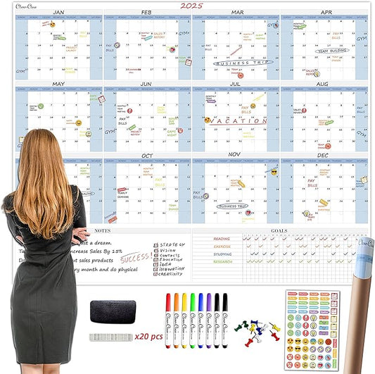CLEVER CLEAN Large Dry Erase Wall Calendar 5 Feet- 48"x60" 2025 Undated Yearly Planner for Home, Office, School Projects - Jumbo Erasable Laminated Task Organizer