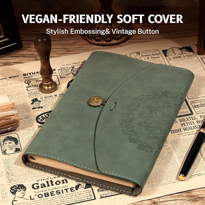 Vintage Leather Journal for Women Men, Junk Journal Notebook Soft Cover, Book of Shadows Journals for Travel Diary Scrapbook Sketchbook Journaling Writing, Green