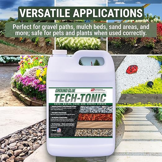 Ground Glue Tech-Tonic Landscape Adhesive for Rock, Mulch, and Sand, Weatherproof Long-Lasting Stabilizer for Trails & Slopes, Pet-Safe Binder for Pea Gravel, Bark & Flower Beds, Made in USA, 1 Gallon
