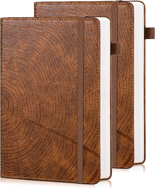CAGIE Lined Journal for Men Women, Tree Growth Ring Leather Bound Journal Notebook, 256 Pages 100 GSM Journals for Writing, A5 Hardcover Journaling Notebooks,2 Pack (Brown & Brown)