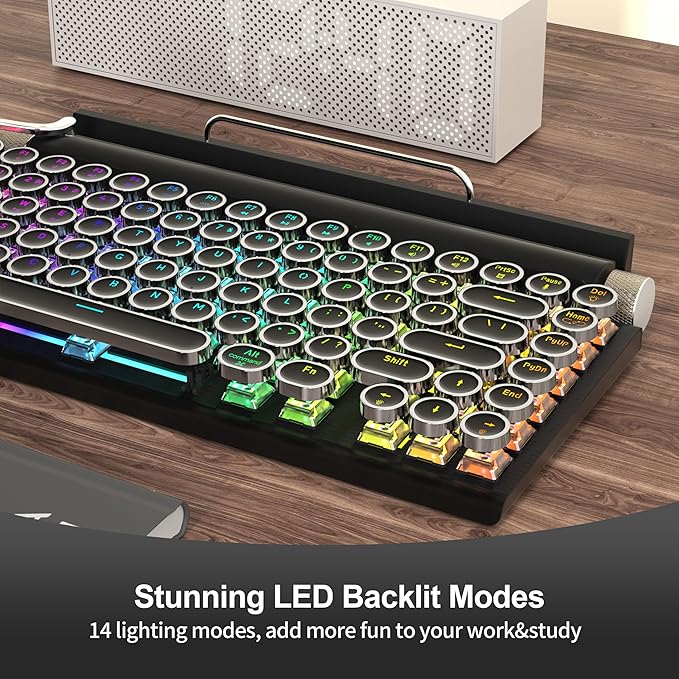 Retro Typewriter Mechanical Keyboard, Wireless Bluetooth 5.0 LED Backlit Office Computer Keyboards with 83-Key Clicky Blue Switches, Vintage Design for PC/Laptop/Mac/Pad/Phone/Gaming, Black