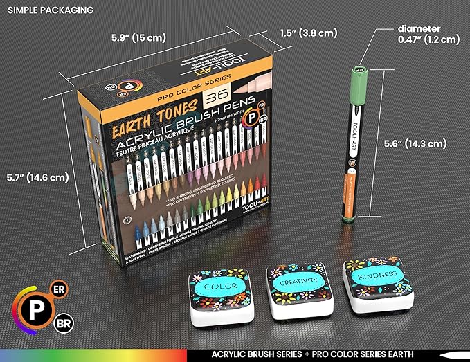 36 Flexible Brush Tip Earth Tones Acrylic Paint Pens Markers Set 1-7mm Line for Rock Painting, Brush Lettering, Glass, Mugs, Wood, Metal, Canvas, Fabric, Plastic. Non Toxic Waterbased Quick Drying