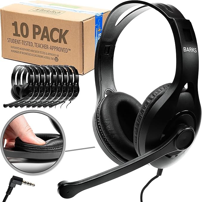 Barks Classroom Headphones With Microphone (10 Pack) - On-Ear Bulk Headphones With Microphone: Best for Students K-12 Schools (Rotating Boom Mic, Good Recording Quality, Durable Design, Easy-to-Clean)