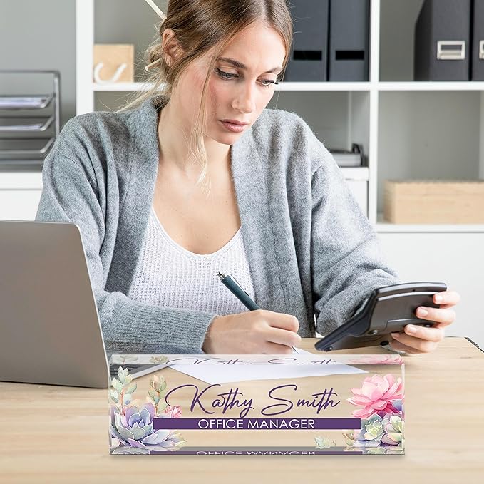 Personalized Name Plate for Desk, Custom Desk Name Plate, Acrylic Name Plate Office Desk Accessories, Personalized Office Gifts for Coworkers Teachers, Employee Appreciation Gifts (A-Blooming)