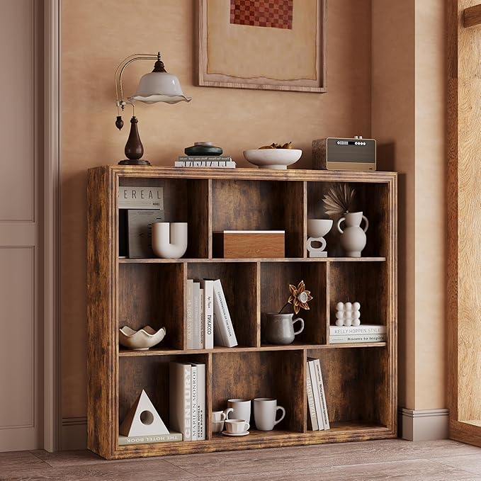 Wooden 10-Cube Storage Organizer, 3-Tier Bookshelf, Wood Brown Bookshelf, Bookcase, Cubical Storage Shelf with 3 Removable Back Panels for Bedroom Home and Office (Brown)