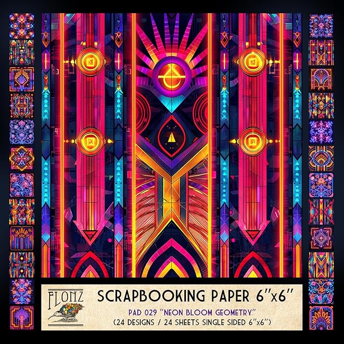 FLONZ Scrapbook Paper (24 sheets 6"x6") Neon Bloom Geometry ~ Vivid symmetrical compositions blending Art Deco elements with psychedelic digital glow effects and kaleidoscopic floral abstraction