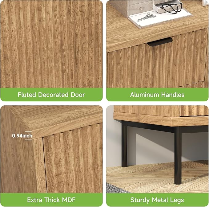 Real Relax Sideboard Buffet Cabinet with Storage, Modern Fluted Cabinet with 2 Doors 3 Drawers, Coffee Bar Accent Storage Credenza, for Kitchen, Living, Dinning Room, Oak