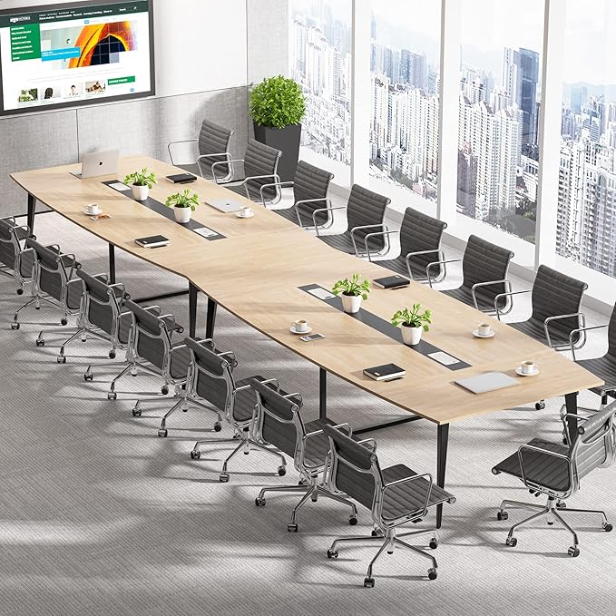 Tribesigns 8FT Conference Table, 94.48L x 47.21W x 29.52H Inches Boat Shaped Meeting Table with Rectangle Grommet, Modern Seminar Boardroom Table for Office Conference Room (Light Wood Grain, 8ft)