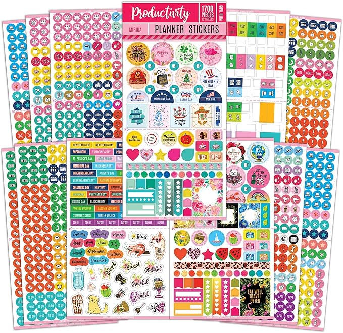 Mirida Planner Stickers – 1700 Productivity Mini Icons for Adults Calendar – Work, Daily To Do, Budget, Family, Holidays, Journaling – Variety Pack with Monthly Tabs