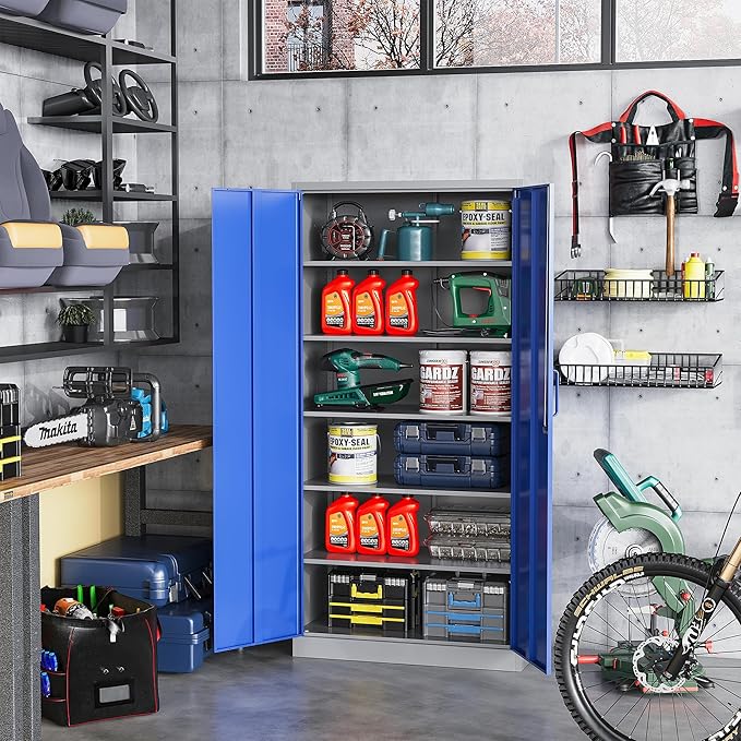 STANI Metal Garage Storage Cabinet with Lock, 71" Steel Lockable File Cabinet, Locking Steel Storage Cabinet with 5 Adjustable Shelves for Home, Office, Garage, Warehouse (Blue Grey, 2 Door - 71" H)