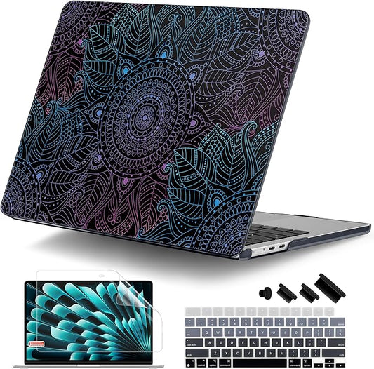 DONGKE Compatible with M4 MacBook Air 15 inch Case 2025 2024 2023 A3241 A3114 A2941 M3 M2 Liquid Retina Display Touch ID, Plastic Hard Case & Keyboard Skin & Screen Protector - Mandala