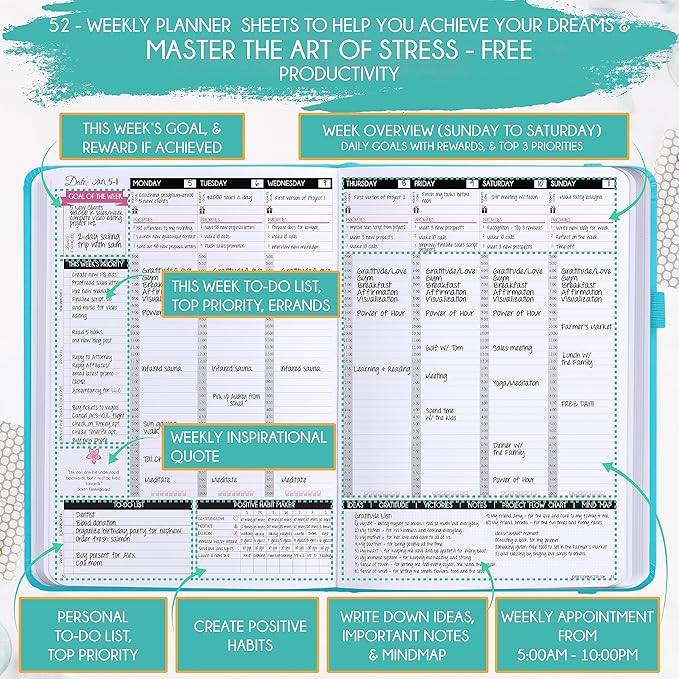 Hourly Planner – Undated Weekly & Monthly Goal Setting Planner, 12-Month to Increase Productivity | Life & Gratitude Journal, Include Foldable Vision Board, Gift Box & Stickers