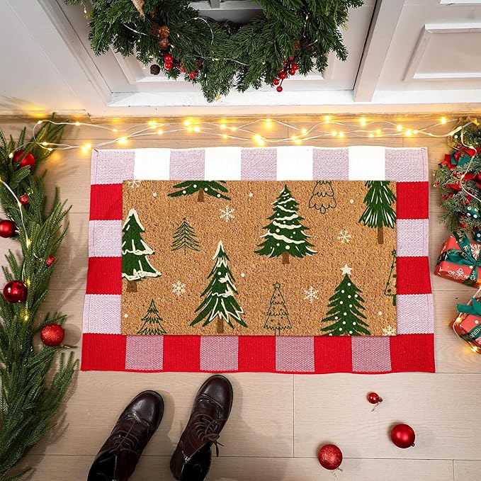 2 Pcs Christmas Coir Doormat Outdoor Rugs Christmas Tree Welcome Mats Layered Buffalo Plaid red and White Mat Plaid Mat for Xmas Front Porch Entryway Outdoor Decor
