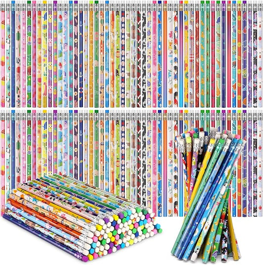 Sabary 100 Pcs Assorted Wood Pencil Bulk 50 Styles #2 HB Colorful Novelty Fun Dinosaur Animals Fruits Sports Pencils with Erasers Back to School Supplies for Kids Student Teacher Classroom Reward