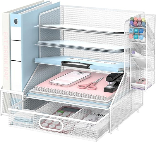 SUPEASY Desk Organizer with File Holder, 5-Tier Mesh Paper Letter Tray and 3 Tilted File Sorter for Office Supplies, White