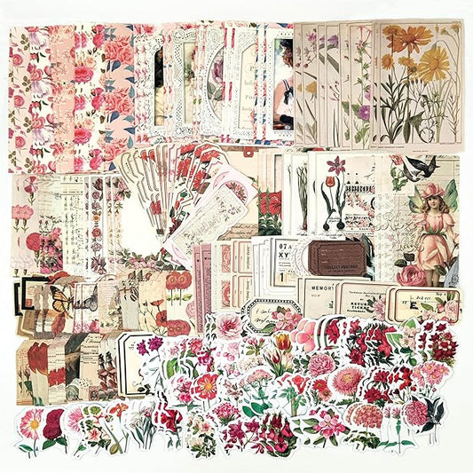 200PCS Vintage Scrapbooking Supplies Pack, Aesthetic Scrapbook Sticker Paper Art Journaling Kit for Bullet Junk Journals,Planner,Cottagecore Decor Gifts (Pink Series)