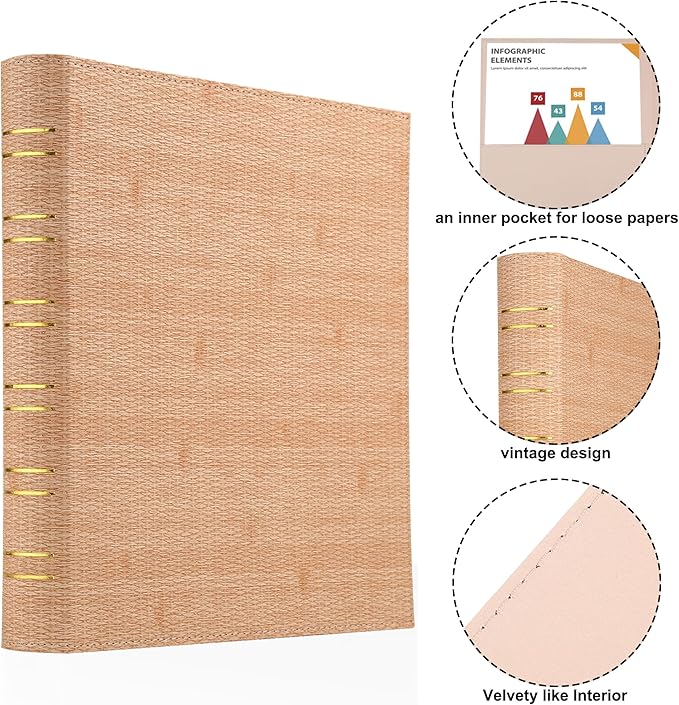 Vintage Hardback 3 Ring Binder 1 Inch, Professional Leather Binder 3 Ring, Textured Three Ring Binders Fits 8.5" x 11", D Ring Binders for Photo Album, Home, School and Office Supplies- Beige