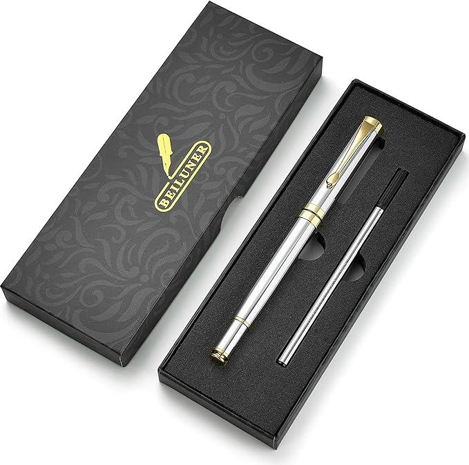 BEILUNER Personalized Ballpoint Pens, Stunning Bright Silver Chrome Metal Pen with Golden Trim, Fancy Ball Pen Gift Set for Men & Women, Graduation,Office, Nice Gift Box with 0.5mm Black Spare Refill