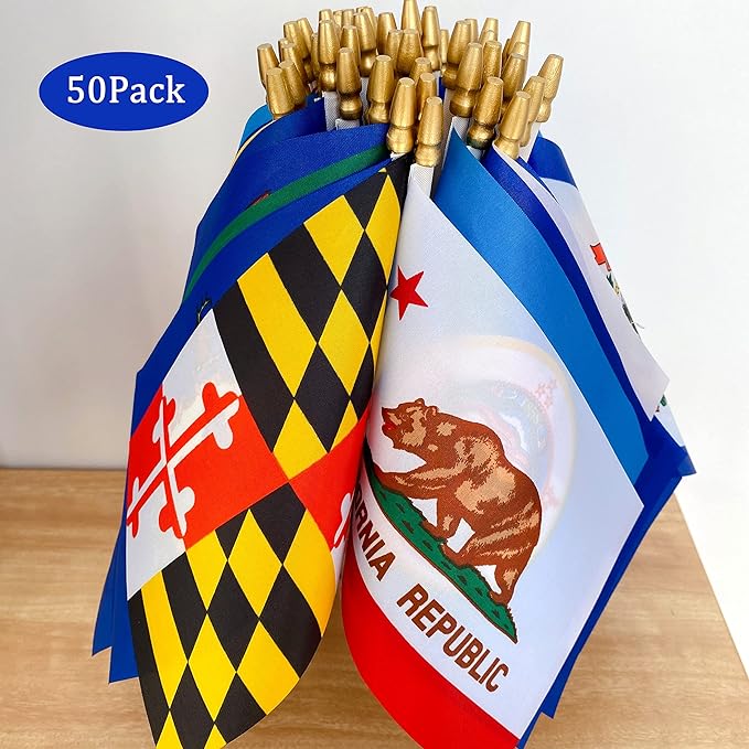 WEITBF Small Mini US 50 State Flags on Wood Stick for Classroom Desk Decorations,5 x 8 Inches
