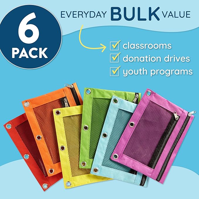 Blue Summit Supplies Pencil Pouches, Bulk Pencil Pouch 6 Pack in Assorted Colors for Storing School Supplies, Writing Utensils, and more, Cloth Zipper Pouches for 3 Ring Binders, 6 Count