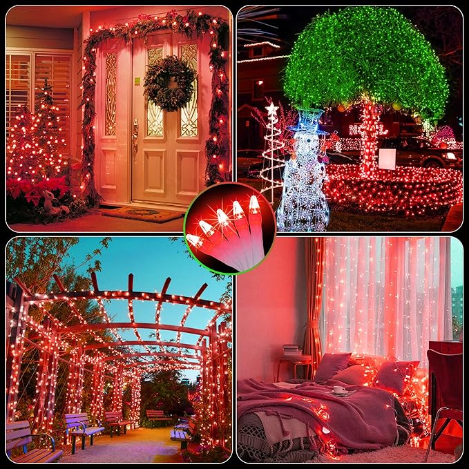2 Pack Total 200FT 600 LED Christmas String Lights, Fairy Tree Lights Indoor Outdoor Connectable, 8 Modes & Timer LED String Lights for Bedroom, Home, Tree, Yard, Door, Wedding, Xmas Decore (Red)