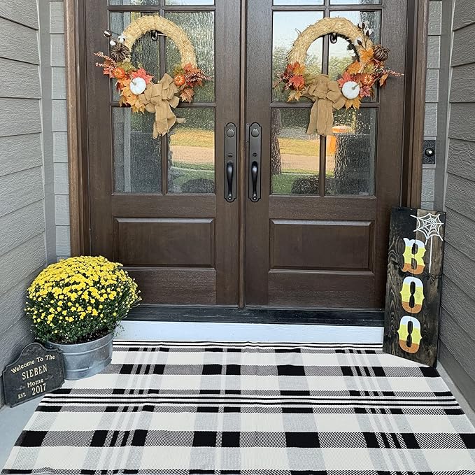 CAINANEL Buffalo Plaid Outdoor Rug Black and White Check Rug 35.4'' x 59'' Cotton Hand-Woven Checkered Front Welcome Door Mat Indoor/Outdoor Area Rug for Front Porch,Kitchen,Entry Way,Living Room
