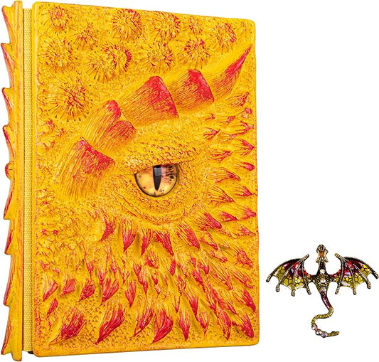 3D Dragon Eye Embossed Journal,Resin Engraving Notebook,Dnd notebook for Dragon Lovers ，Blank Paper,Hardcover Travel Notepad for Writing,Sketchbook,Collection,Gift,Decoration A4 and A5 Size (A5-Yellow with brooch)