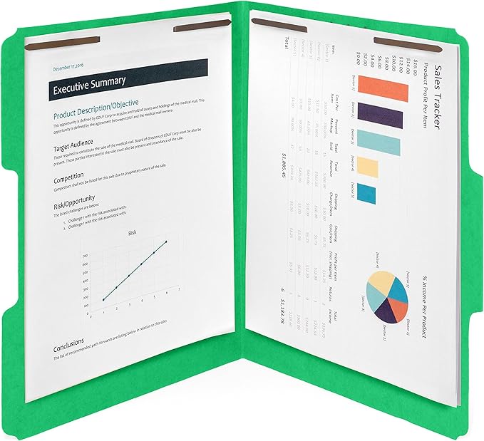 50 Green Fastener File Folders - 1/3 Cut Reinforced Tab - Durable 2 Prongs Bonded Fastener Designed to Organize Standard Medical Files, Law Client Files, Office Reports - Letter Size, Green, 50 Pack