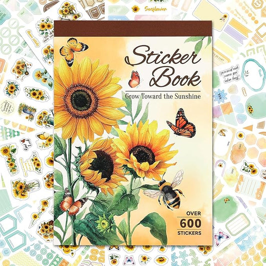 Aesthetic Sunflower Planner Sticker Book 25 Sheets with 600+ Decorative Stickers for Journaling, Scrapbooking, Bullet Journal, Happy Planner, DIY Stationery Supplies Gifts for Women Girls Teens Kids