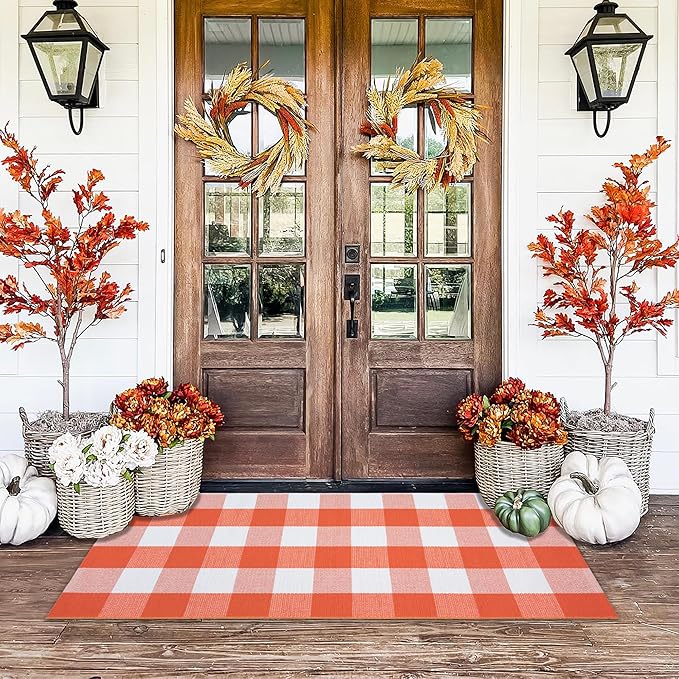 Orange and White Plaid Rug, 24'' x 51'' Fall Front Door Decor Mat, Cotton Washable Hand-Woven Door mat for Layered Doormat, Autumn Halloween Thanksgiving Carpet for Porch, Entryway