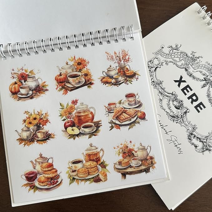 XERE 144 Pcs Tea Sets Four Seasons Sticker Book for Journaling Notebooks, Sketchbook, Bookmark Making, Junk Journal, Budget Planner, Scrapbook Art Supplies Stickers