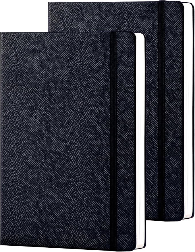 Lined Journal Notebooks for Work 2 Pack, 320 Pages, Medium 5.5 in x 8.5 in - 100 GSM Thick Paper, Hardcover Journal Leather Notebook for Writing & Note Taking, 2 Black