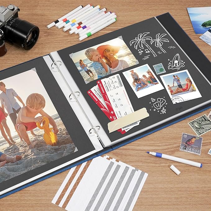 Vienrose Scrapbook Photo Album 12x12 Inch 3 Ring Binder, Linen Cover Large DIY Scrapbooks with 30 Sheets Plastic Sleeves 60 Pages Blank Black Inner Pages for Wedding Birthday Travel Baby Photos Blue