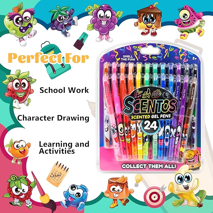 Scentos Scented Gel Pens Set – 24 Pack Neon Colors – Fine Tip Pens for Kids & Adults – Fruity Scents – Fun Art Supplies for Drawing, Coloring, Scrapbooking, Journaling & School
