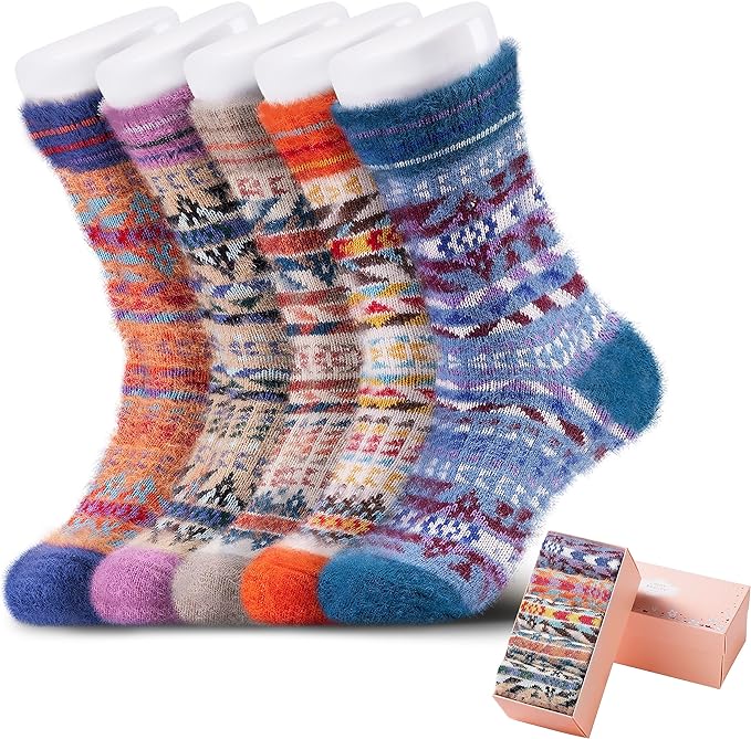ICEIVY 5 Pair Fuzzy Cozy Socks for Women - Warm Comfy Soft Casual Home Sleep Winter Wool Socks - Gifts for Women
