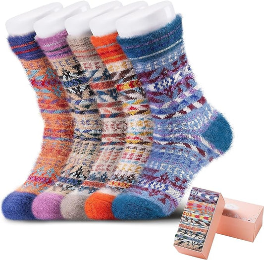 ICEIVY 5 Pair Fuzzy Cozy Socks for Women - Warm Comfy Soft Casual Home Sleep Winter Wool Socks - Gifts for Women