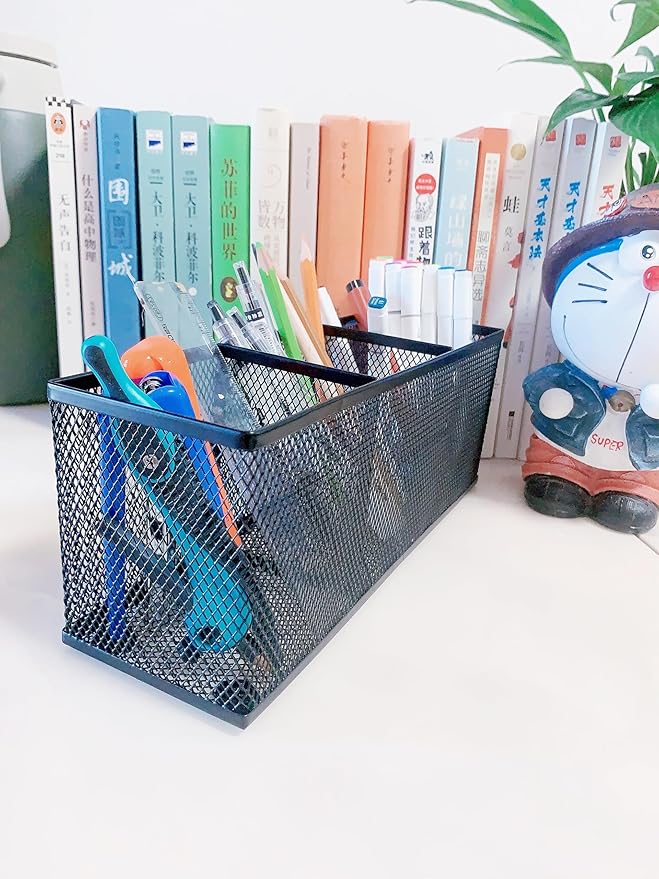 New Pencil Holder, Metal Mesh Pen Holder Desk Organizer 3 Compartments for Office School Home Supplies or Accessories,Kitchen Utensil,Small 10.43 x 3.3 x4 inch, Black(1pc pack)