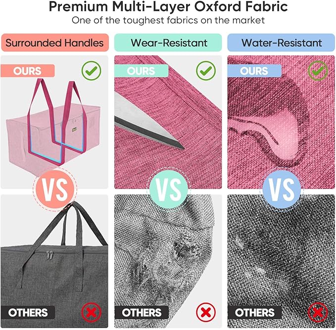 BALEINE Extra Large Storage Tote with Zippers & Carrying Handles, Heavy-Duty Oxford Fabric Moving Bags for Laundry, Space Saving, Storage, Berry Red