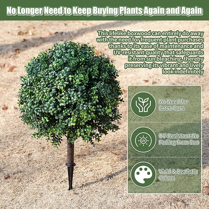 24inch Artificial Boxwood Christmas Trees, Faux Boxwood Topiary with Spikes, Weatherproof UV Resistant Fake Shrubs Plants for Outdoor Front Porch Planters, Christmas Porch Balls Decor, 2 Sets