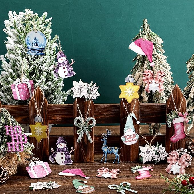 Huwena 36 Pcs Pastel Christmas Wooden Ornaments Pastel Christmas Decorations for Tree Snowman Gnomes Poinsettia Flowers Truck Wreath Wood Cutouts Tags with Ropes Winter Decor for Xmas Tree Gifts