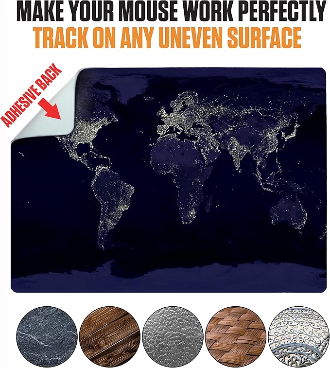 Adhesive Mouse Pad - Peel and Sticks to Any Surface - Travel Mouse Pad, Sticky for Any Surface - Excellent Tracking - Earth Night MAP