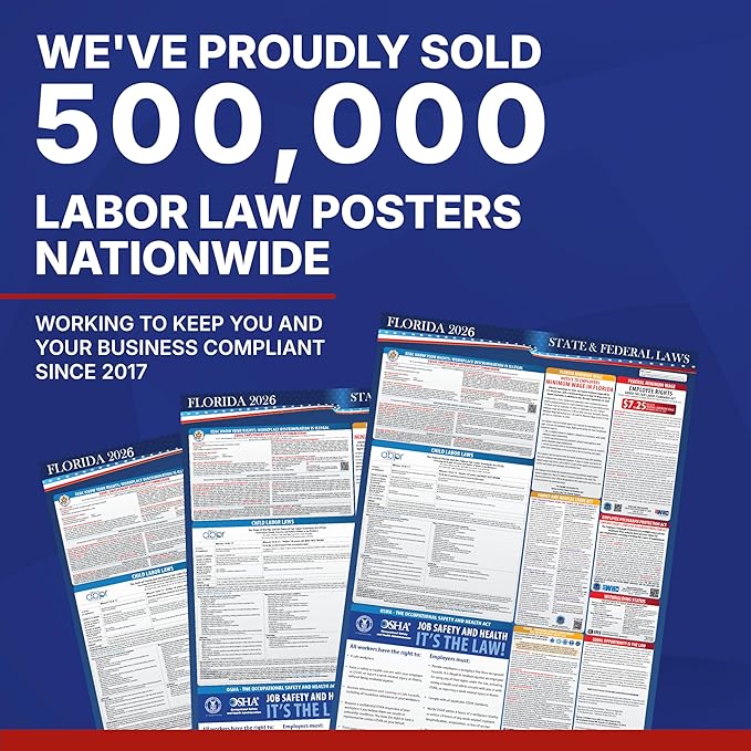 2026 Florida State and Federal Labor Law Poster - English Pack of 2 - OSHA Workplace Compliant - Mandatory Regulations Posting for Employees - Required Compliance Posting 17" x 40" Laminated (English Pack of 2)