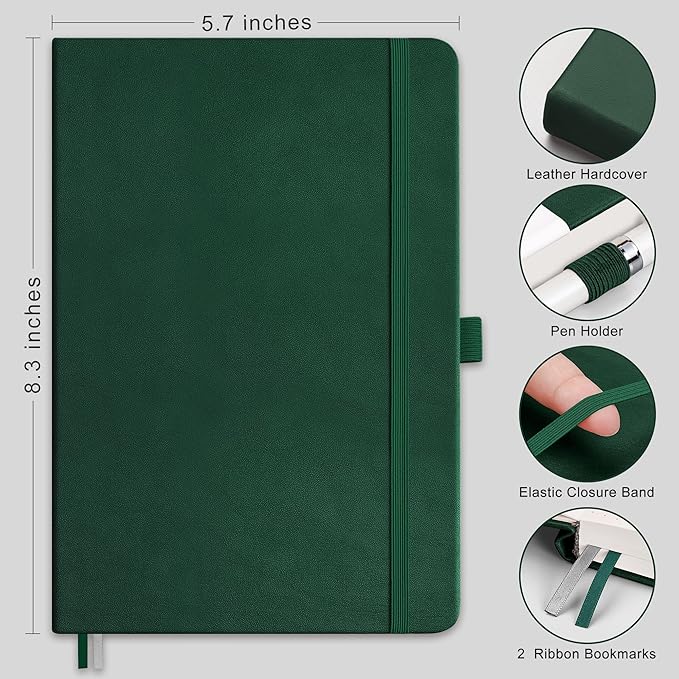 RETTACY Lined Journal Notebook, 2-Pack, 192 Numbered Pages per Pack, A5 Medium Size (5.7'' x 8.3''), for Men & Women, Writing, Work, Leather Hardcover, 100 GSM Thick Paper (Black & Dark Green)