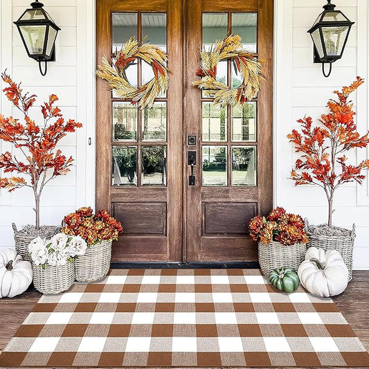Buffalo Plaid Outdoor Rugs, 3'x5' Coffe and White Checkered Area Rug, Layering Rug for Hello/Welcome Door Mat, Washable Cotton Woven Farmhouse Mat for Front Porch Décor