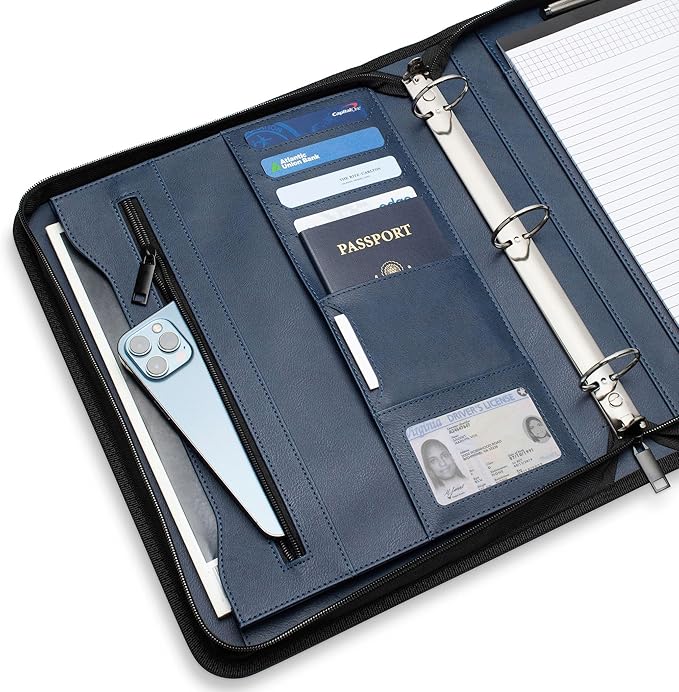 Forevermore Portfolios Portfolio Organizer - 3 Ring Binder with Notepad - 1.5 Inch Rings - Zippered Storage Pockets for Papers, Travel Documents, Presentation Folder, Cards, Passport, Tickets - Blue