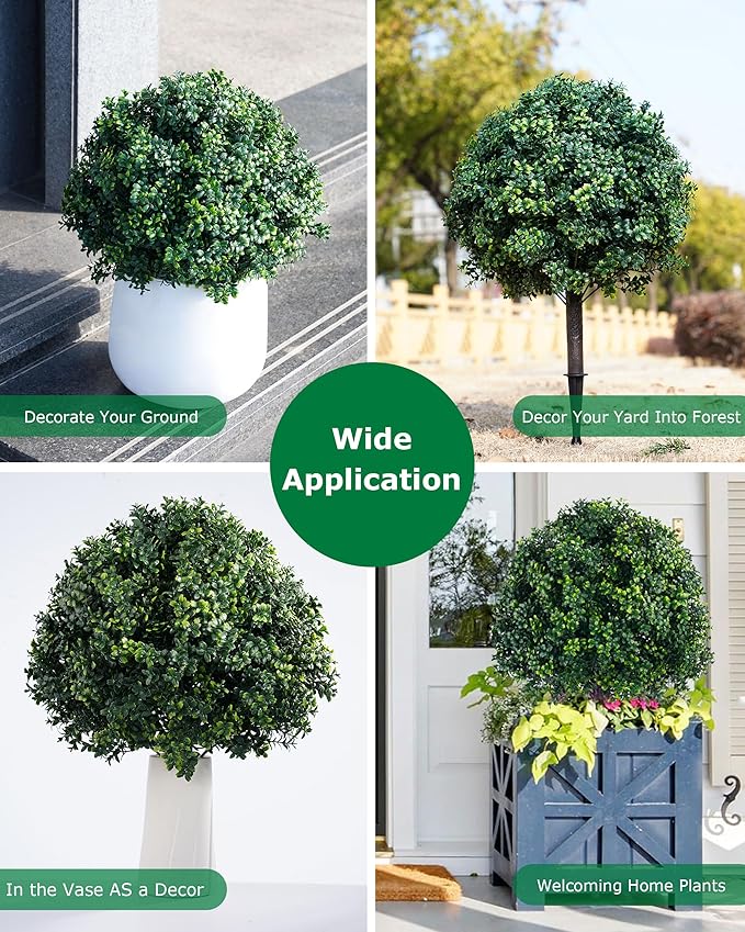 27.7 inch Artificial Boxwood Christmas Trees, Faux Boxwood Topiary with Spikes, Weatherproof UV Resistant Fake Shrubs Plants for Outdoor Front Porch Planters, Christmas Porch Balls Decor, 2 Sets